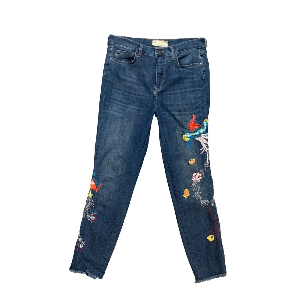 Free People Jeans Womens 30 Blue Embroidered Bird Skinny High Rise Raw Hem Denim